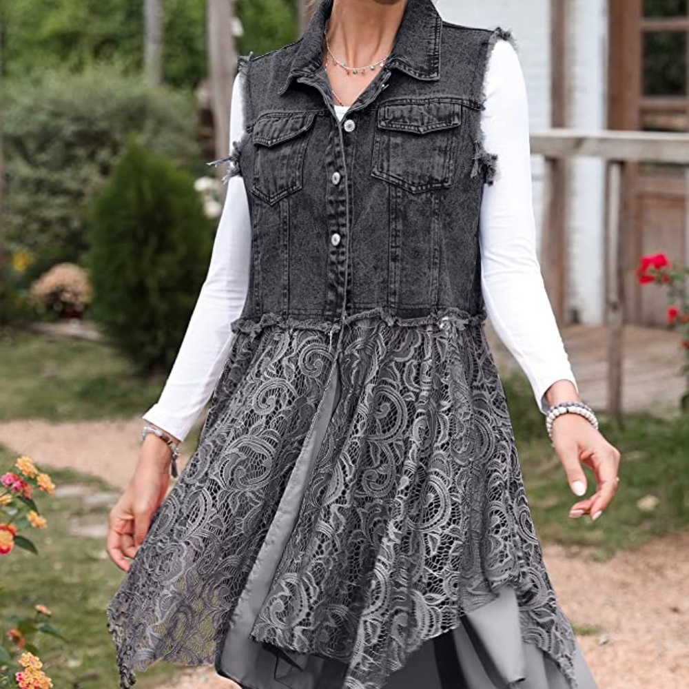 Womens Black Denim and Gray Lace Lined Button Front Long Vest OS EUC